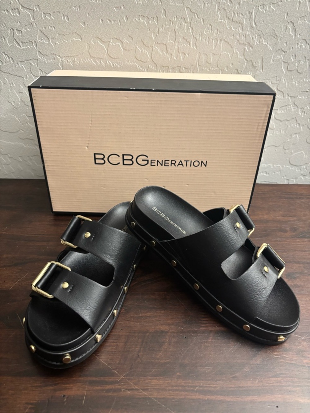 BCBGeneration Black Double Buckle Studded Platform Slides